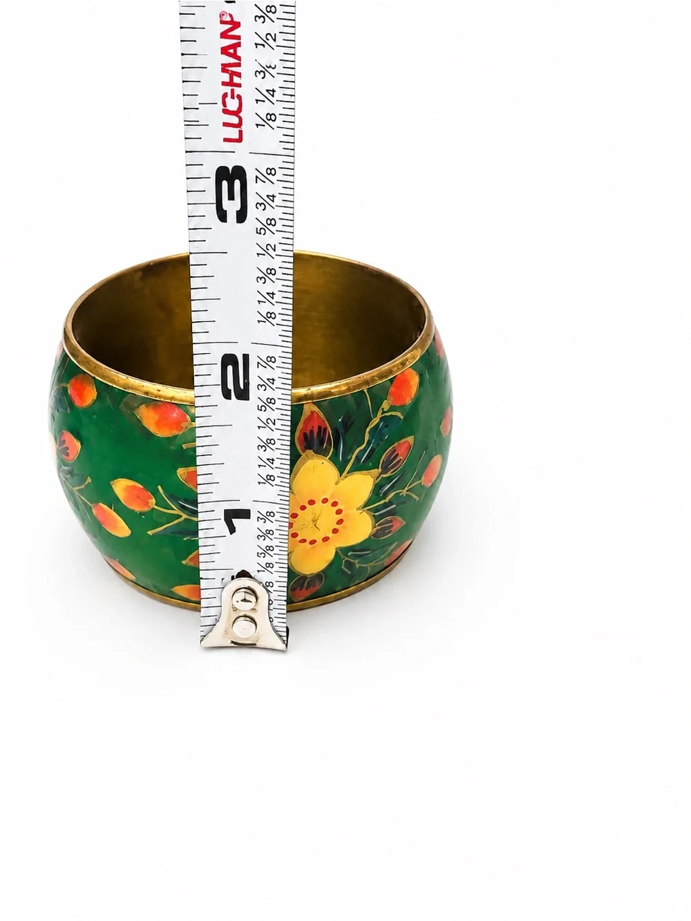 Vintage Green Floral Enamel Wide Bangle Bracelet Gold Tone